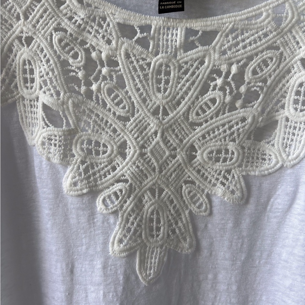 Anthro James Coviello Large Short Sleeve Crochet Round Neck Linen White Tee Soft - Picture 4 of 8